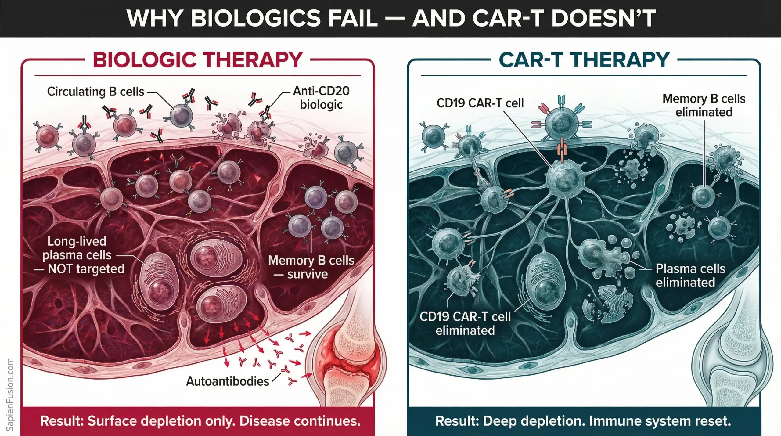 Side-by-side comparison of biologic drugs versus CAR-T therapy showing mechanism, dosing schedule, cost structure, remission rates, and long-term outcome differences for autoimmune disease treatment