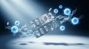 CAR-T engineered T cells replacing pharmaceutical pills, symbolising the shift from chronic disease management to one-time immune reset therapy