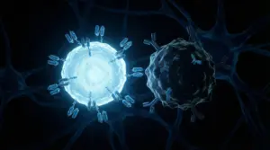 Photorealistic macro visualization of a CAR-T cell targeting an autoreactive B cell, electron microscopy aesthetic, representing the immune reset mechanism in autoimmune disease
