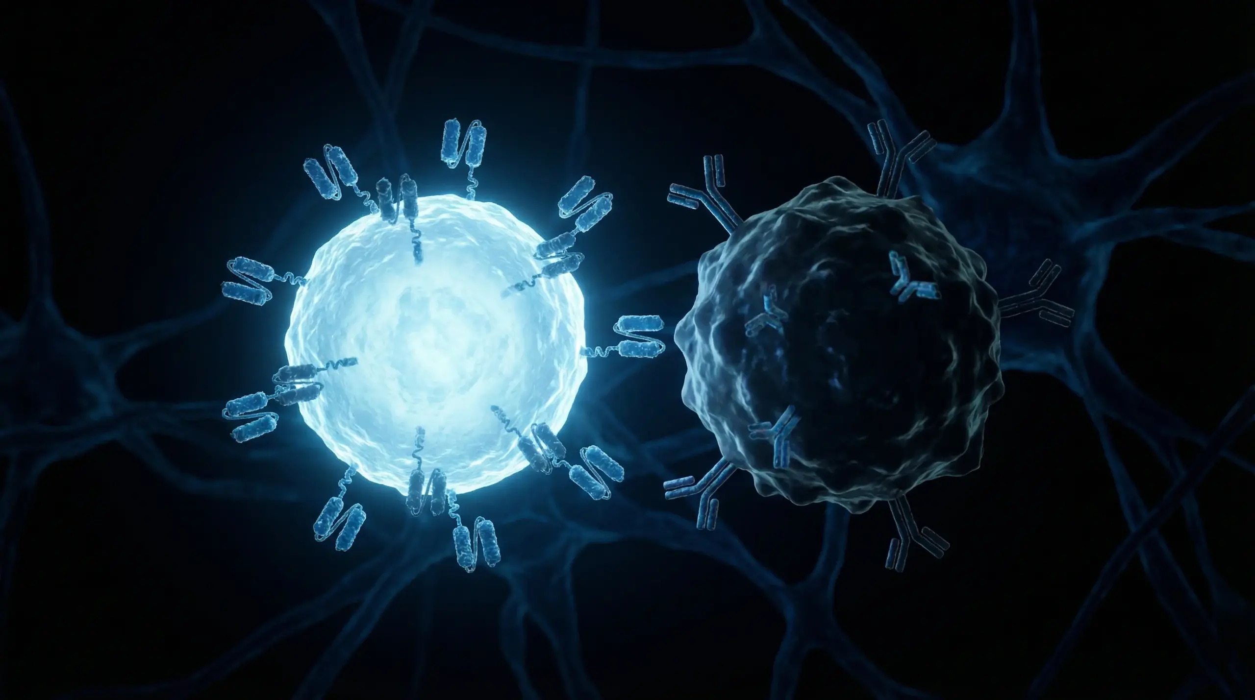 Photorealistic macro visualization of a CAR-T cell targeting an autoreactive B cell, electron microscopy aesthetic, representing the immune reset mechanism in autoimmune disease