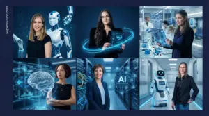 Composite image showing six women tech founders with their breakthrough technologies: Alona Kharchenko with Robody robot, Dr. Ariella Heffernan-Marks with Ovum health app, Daphne Koller with insitro lab, Fei-Fei Li with World Labs 3D visualization, Joelle Pineau with Cohere platform, and Andrea Thomaz with Moxi hospital robot