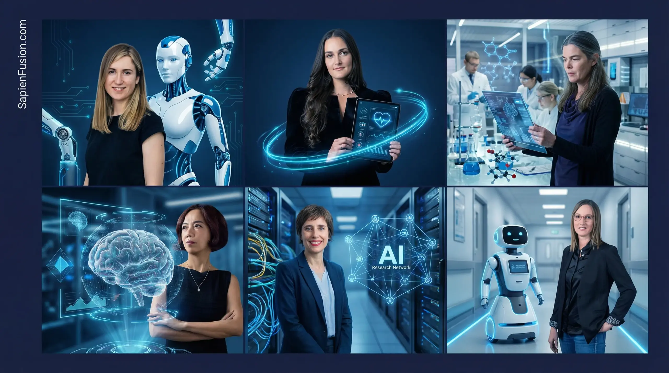Composite image showing six women tech founders with their breakthrough technologies: Alona Kharchenko with Robody robot, Dr. Ariella Heffernan-Marks with Ovum health app, Daphne Koller with insitro lab, Fei-Fei Li with World Labs 3D visualization, Joelle Pineau with Cohere platform, and Andrea Thomaz with Moxi hospital robot