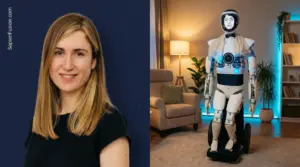 Alona Kharchenko with Robody humanoid robot showing hybrid intelligence approach combining teleoperation with autonomous capabilities for elderly care
