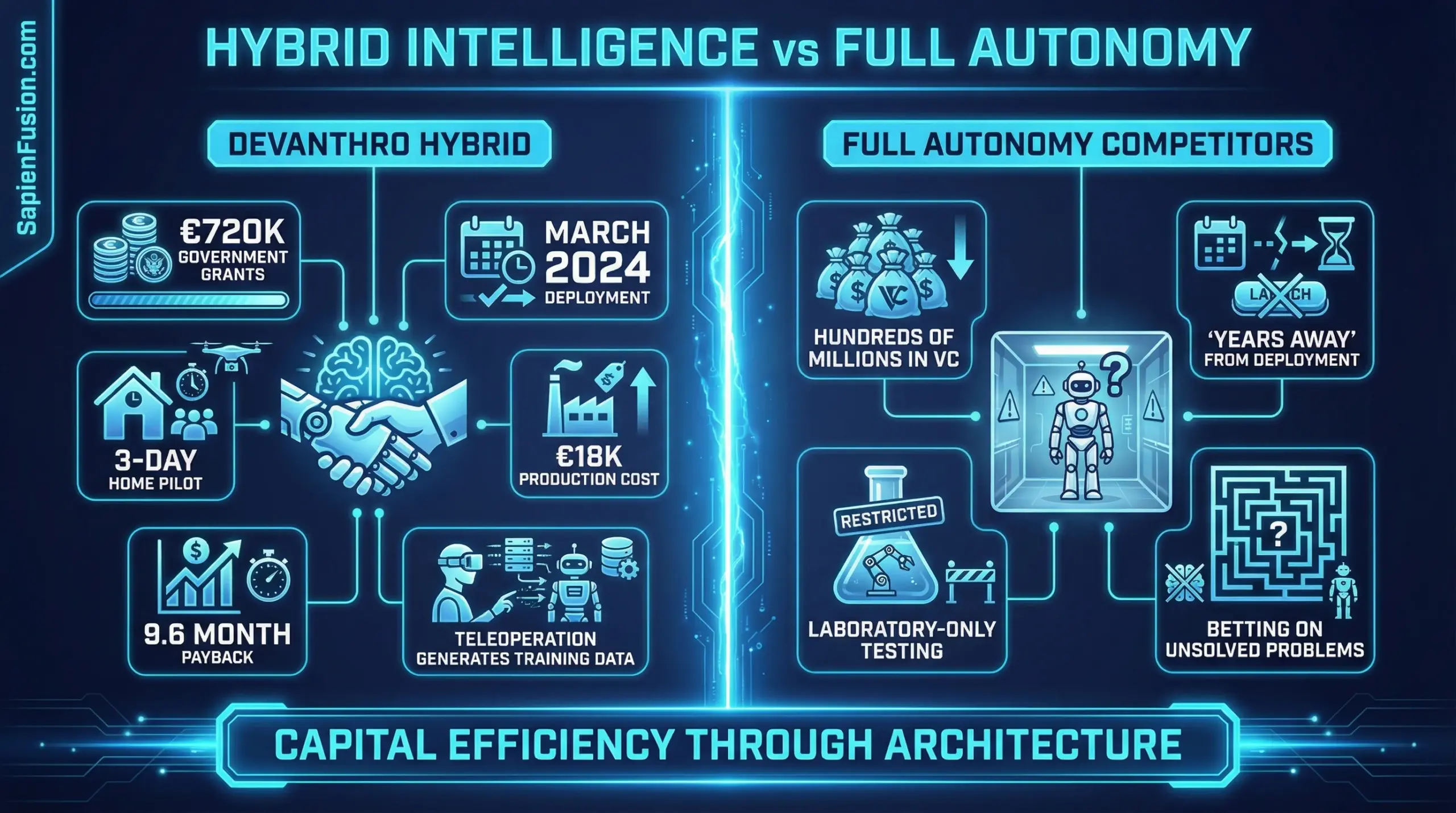 Comparison infographic showing Devanthro's €720K hybrid intelligence approach with March 2024 deployment versus full autonomy competitors with hundreds of millions in funding but years away from deployment
