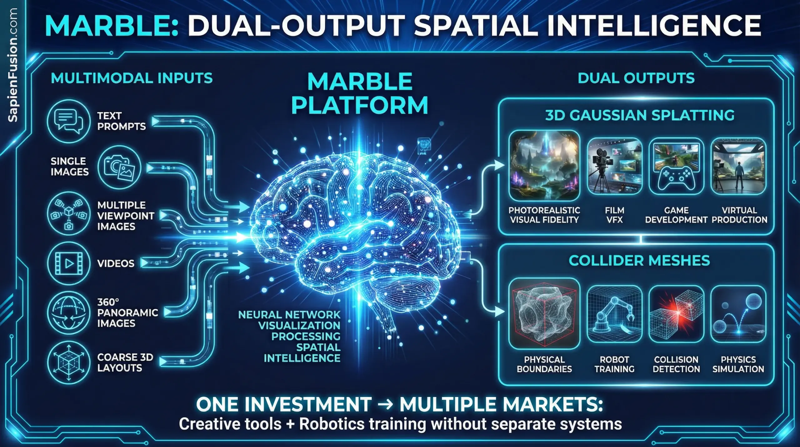 Architecture diagram showing Marble's dual-output system and multimodal input capabilities for spatial intelligence