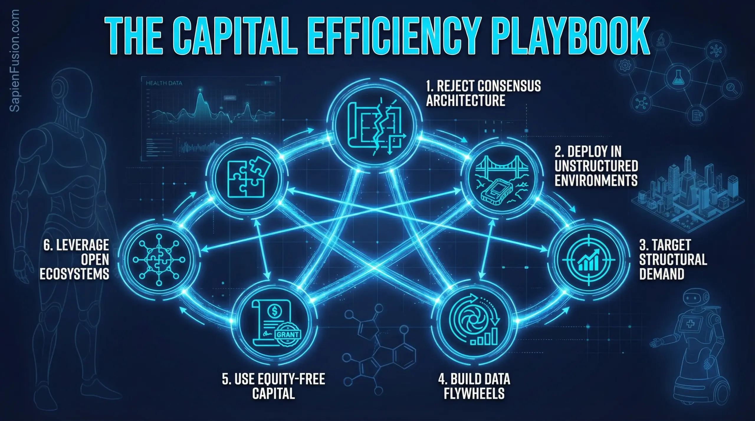 Hero image for cross-cutting analysis showing six capital efficiency mechanisms as interconnected strategic framework