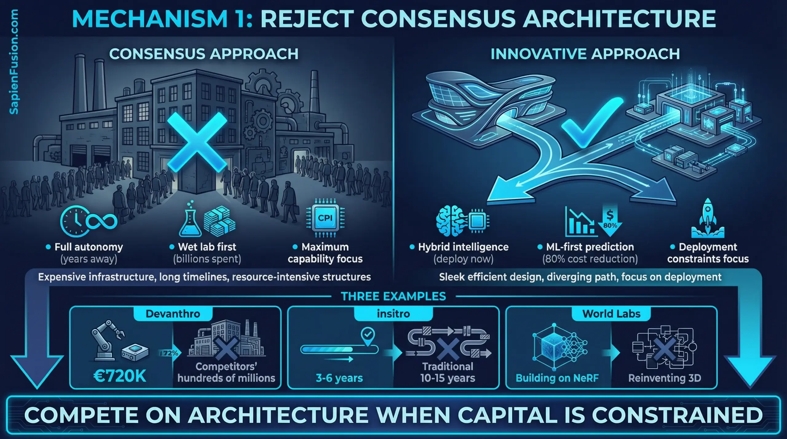 Infographic showing consensus vs innovative architectural approaches with capital efficiency advantages
