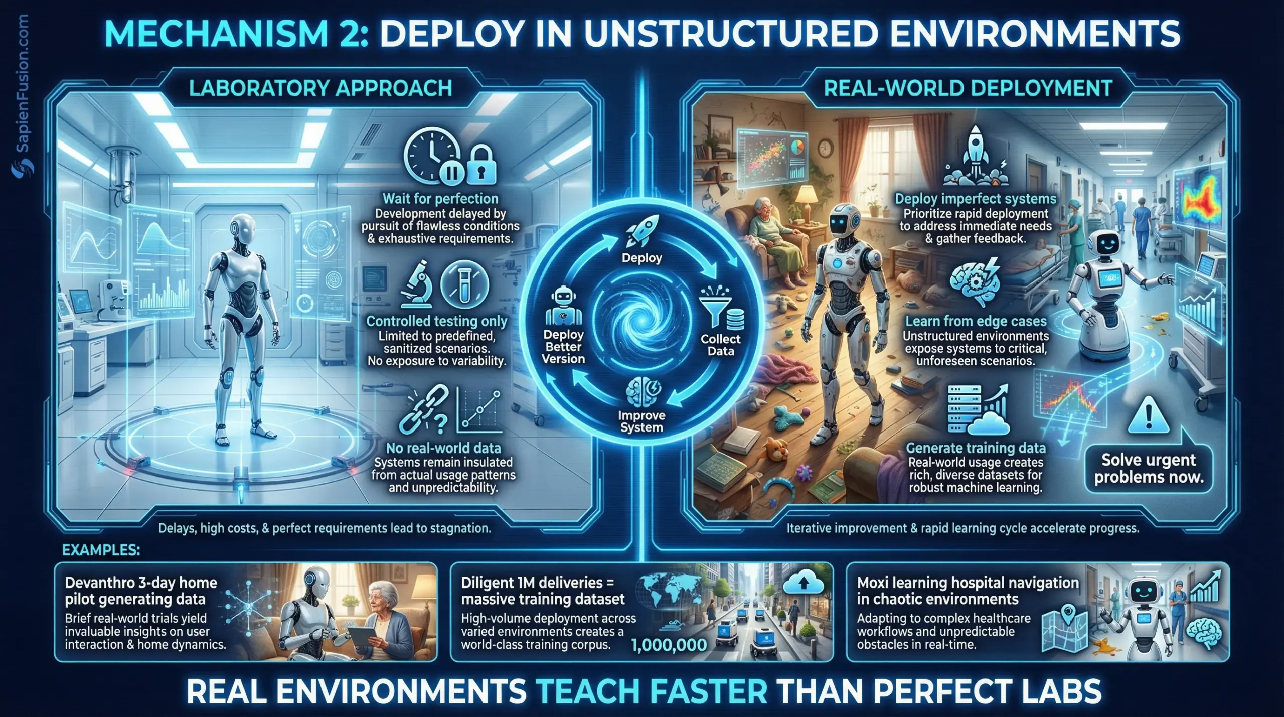 Infographic showing robots deploying in unstructured real-world environments vs controlled laboratory testing