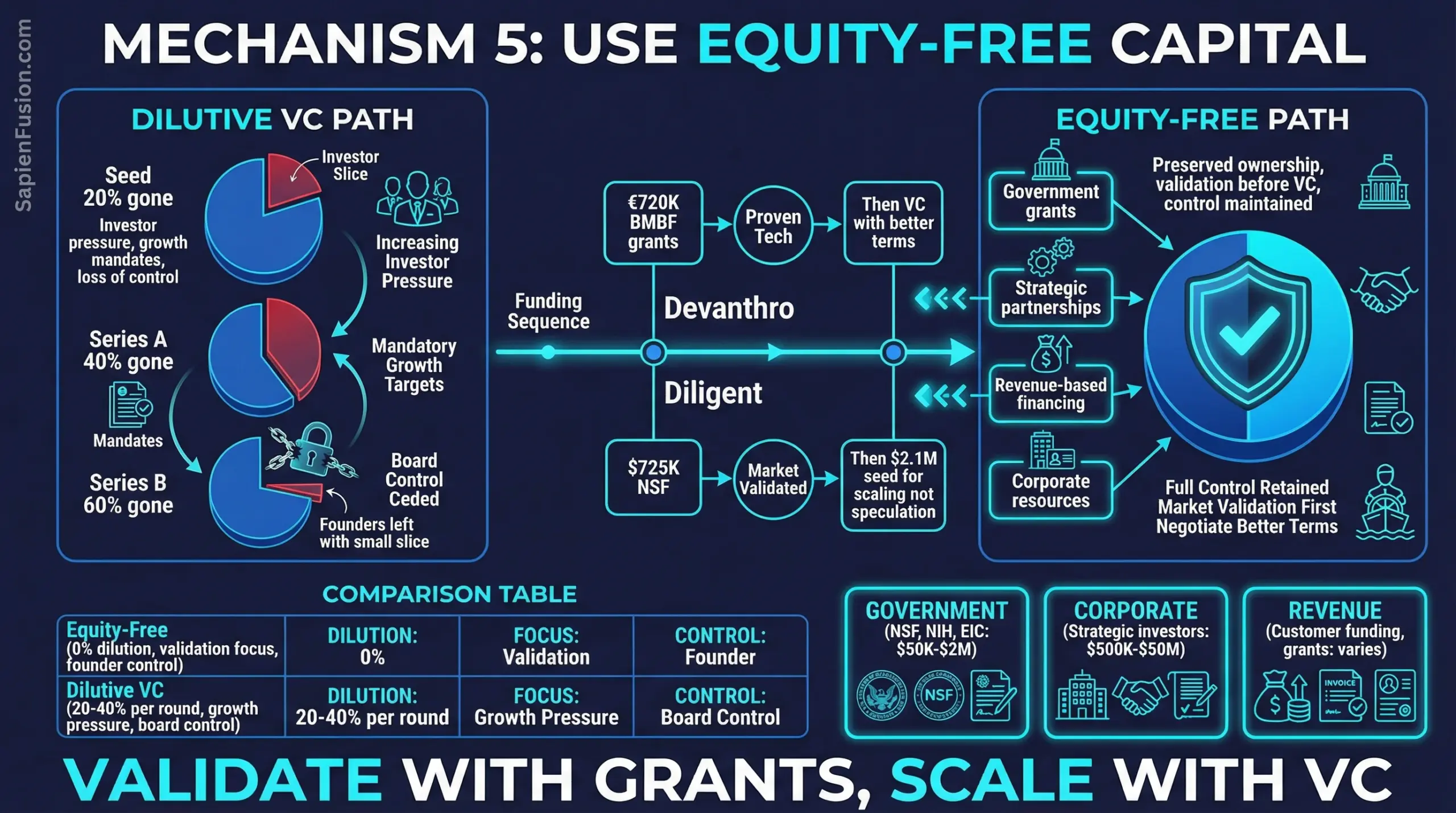 Infographic showing government buildings, grants, and equity preservation vs venture capital dilution