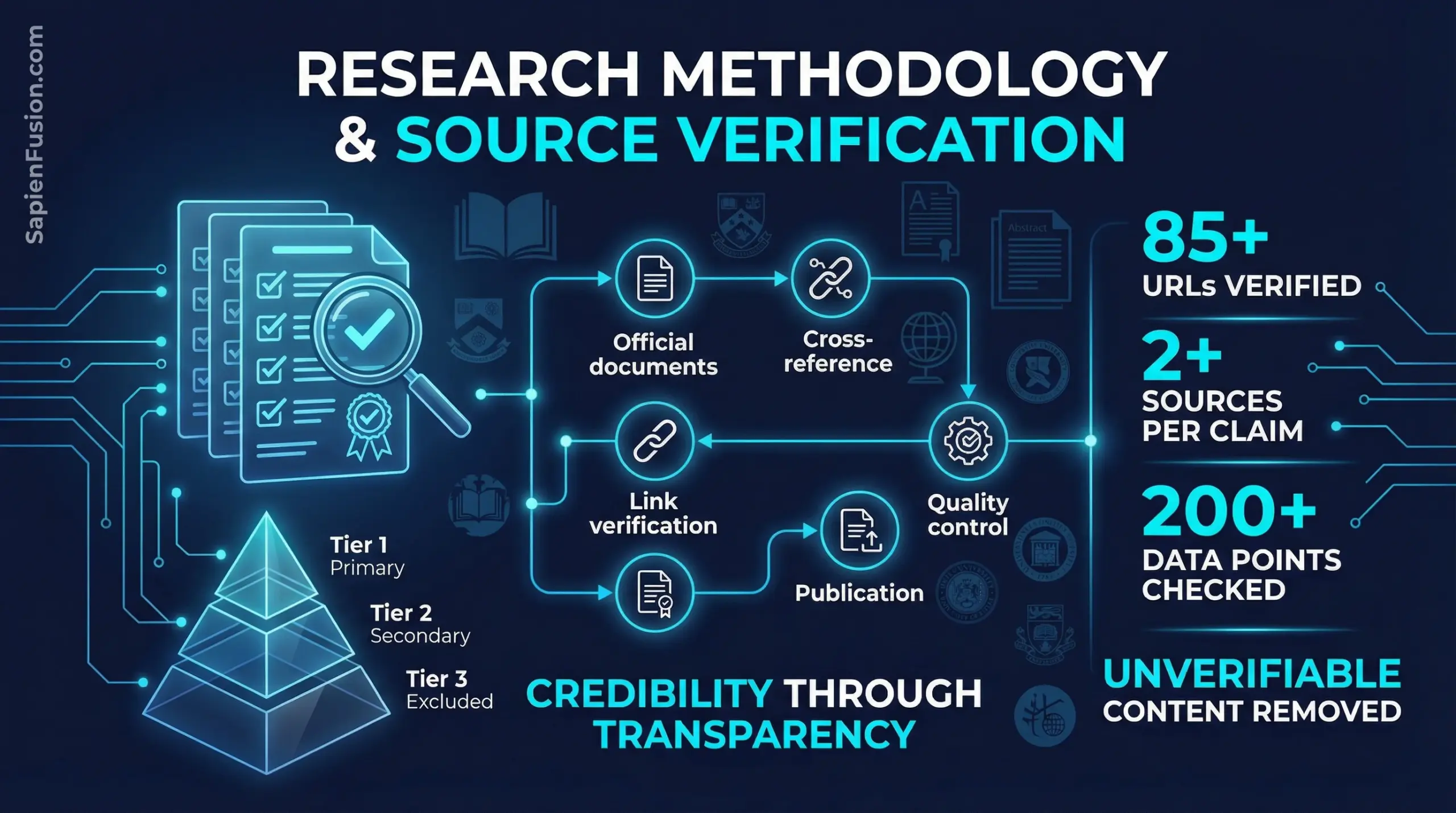 Hero image showing research verification methodology with source documents, checkmarks, and credibility validation framework