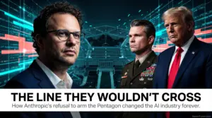 Cinematic night view of the Pentagon with AI neural network overlay and cracked glass effect — symbolizing the historic Anthropic-Pentagon standoff of February 2026