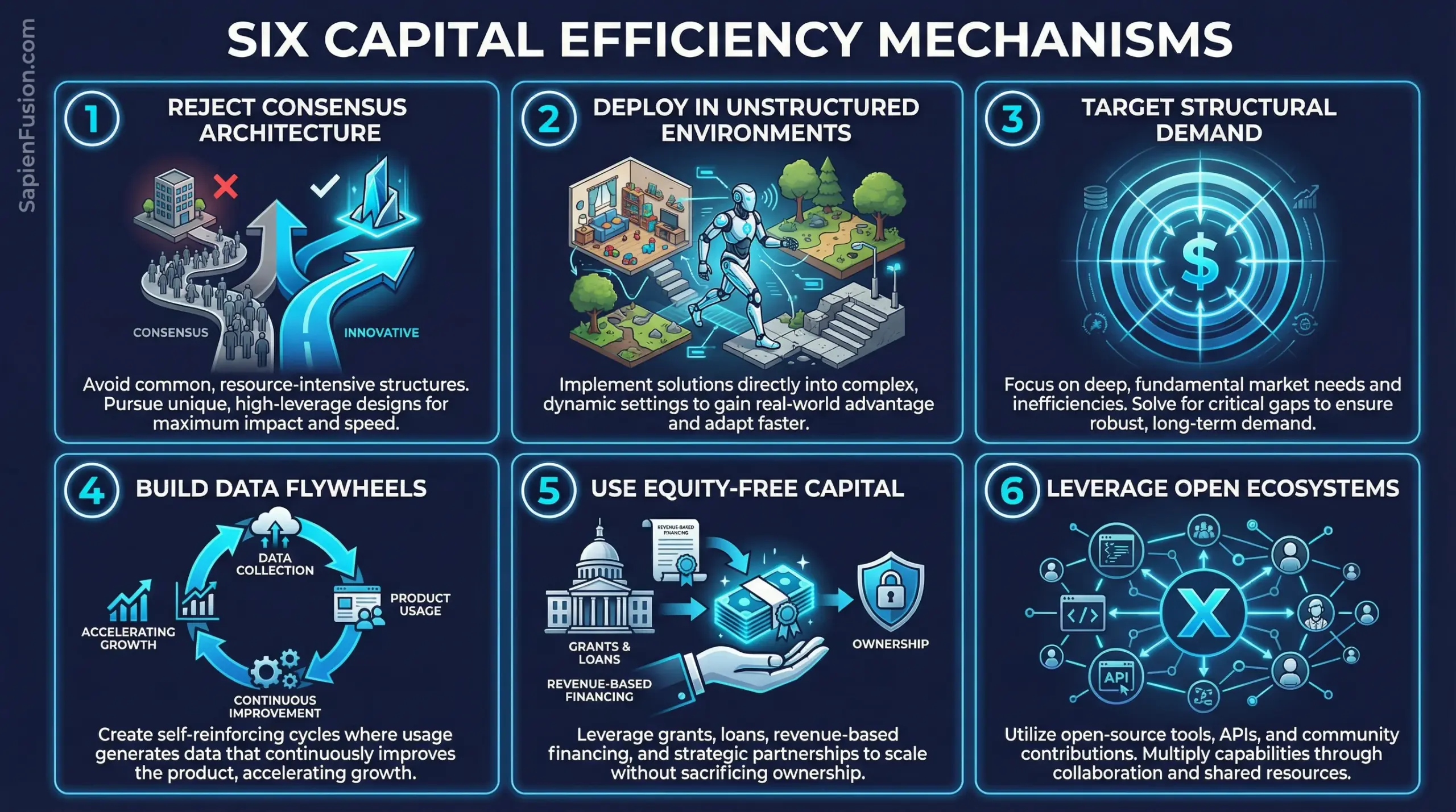 Infographic showing six capital efficiency mechanisms: reject consensus architecture, deploy in unstructured environments, target structural demand, build data flywheels, use equity-free capital, and leverage open ecosystems