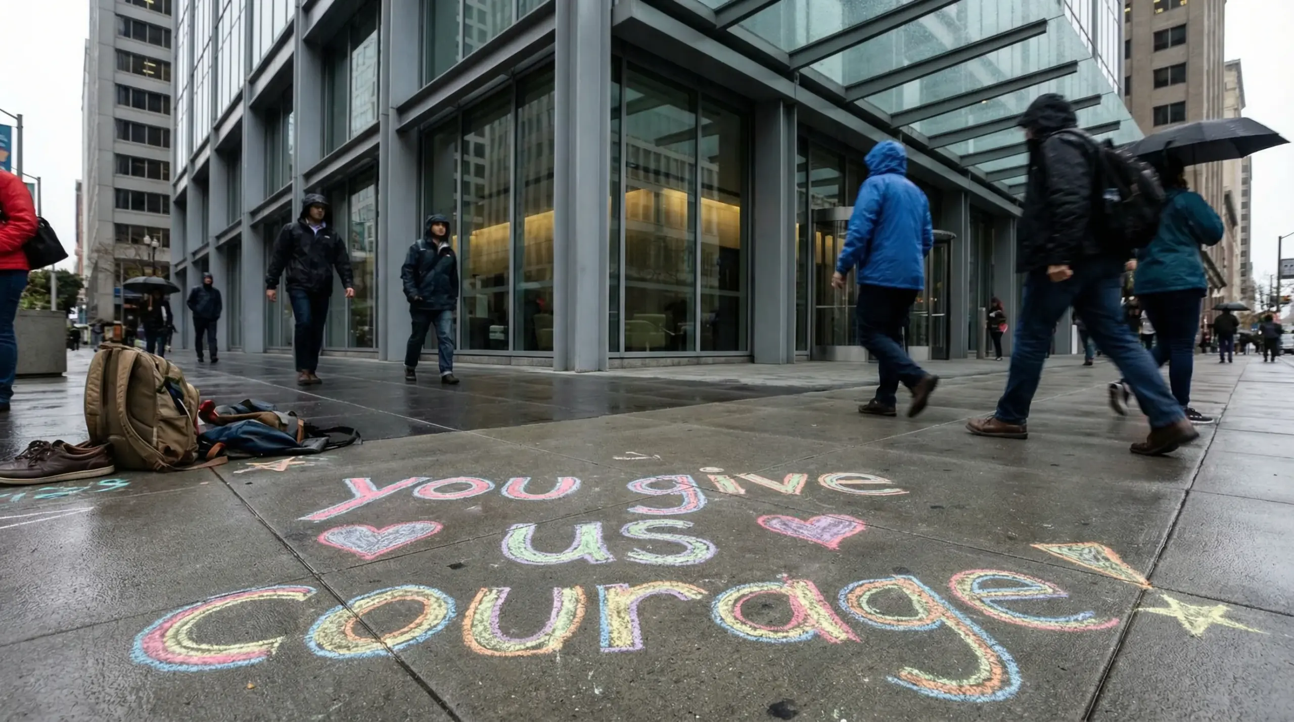 Chalk message on sidewalk reading You Give Us Courage, left for Anthropic employees after Pentagon standoff